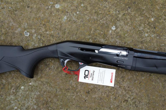Benelli Montefeltro Synthetic Semi-Auto shotgun with a visible price tag, featuring an inertia-driven system and new stock design, suitable for 3 magnum rounds.