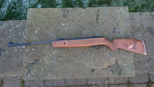 Hatsan Striker 1000X rifle on stone surface, featuring hi-viz open sights and auto safety, ideal for small vermin control.