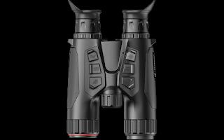 HIKMICRO Habrock 4K HE25L 5.5-22 Thermal binoculars featuring buttons, ideal for multi-spectrum spotting, thermal imaging, and night vision with a laser range finder.