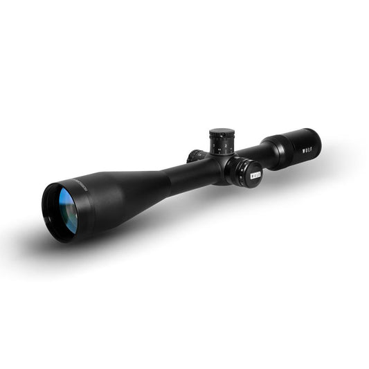 Wulf Hurricane 6.5-25x50 Rifle Scope featuring second focal plane, 0.1MRAD turrets, side parallax, illumination control, and 30mm tube. Close-up view.