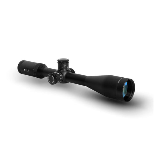 Wulf Lightning 4.5-18x44 Rifle Scope featuring second focal plane half mildot reticle, 0.1 MRAD turrets, 1 tube, side wheel parallax, and included mounts.