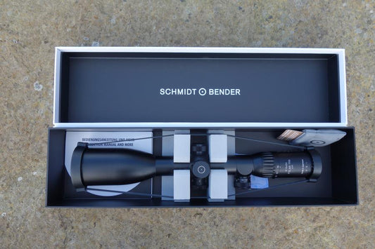 Schmidt & Bender Polar T96 4-16x56 Rifle Scope in box, featuring advanced low-light capabilities and precision adjustments for enhanced shooting accuracy.
