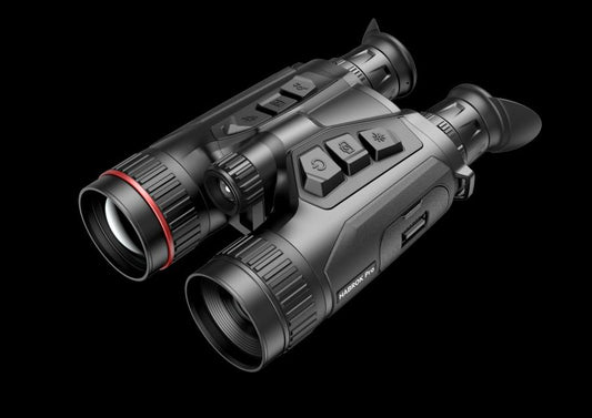 HIKMICRO Habrok Pro HQ50L Thermal binoculars with buttons, designed for precise optical performance in thermal imaging, showcased against a neutral backdrop.