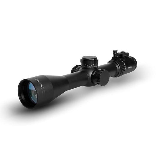 Wulf Defender 2.8-18X50 Rifle Scope with second focal plane, 34mm tube, sidewheel parallax, illuminated reticule, locking turrets, sunshade, and level bubble visible.