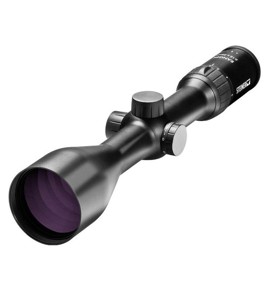 Steiner Ranger 4 3-12x56 Rifle Scope featuring a black finish, purple lens, and illuminated reticule, offering superb optical clarity and generous eye relief.