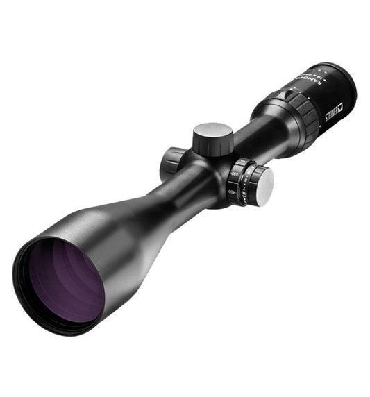 Steiner Ranger 4 6-24x56 Rifle Scope, featuring a black body and purple lens, offers 90% light transmission and illuminated reticule for versatile use in stalking or pest control.