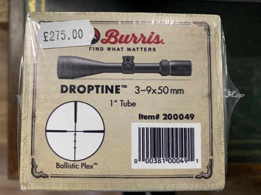 Burris Droptine 3-9x50 Rifle Scope packaging with crosshair close-up, featuring a compact design and precision optics for enhanced targeting accuracy.