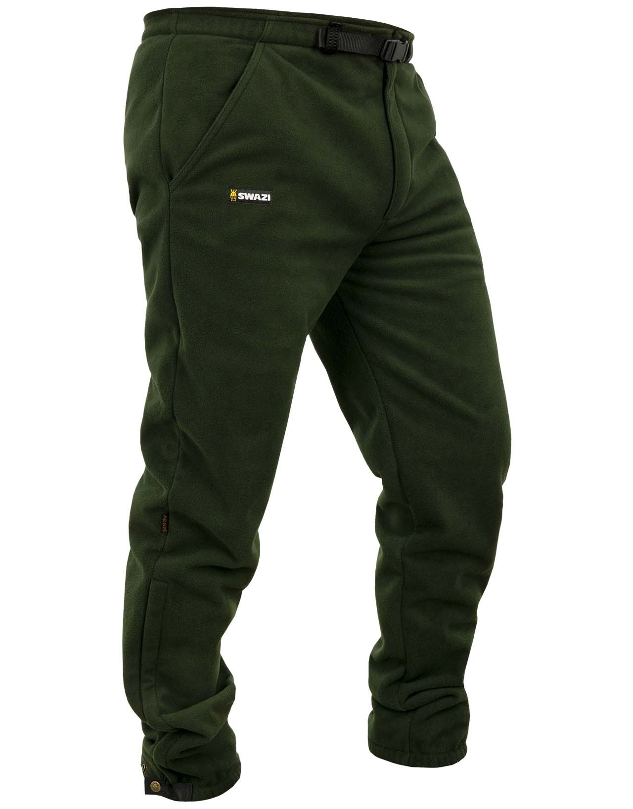 Swazi 4WD Pants | Windproof Fleece Trousers showcased worn by a person, highlighting deep pockets, logo detail, and zipper cuffs for easy wear over boots.