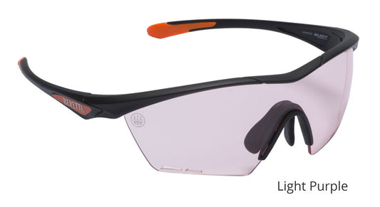 Beretta Clash Shooting Glasses, designed for shooters, featuring a sleek, protective design ensuring superior fit and optical clarity, presented in a close-up view.