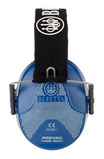 Beretta Prevail Ear Defenders with slimline design and a black strap, featuring a close-up of a logo, ideal for shooting activities.