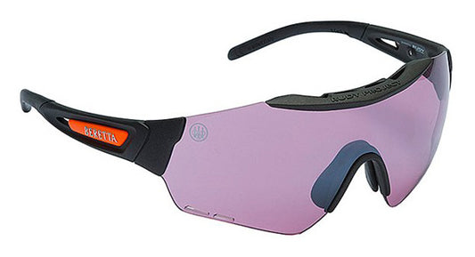 Beretta Puull Shooting Glasses 3 Lens Kit, featuring close-up of wraparound sunglasses designed for comfort and unobstructed target view, displayed on a table.