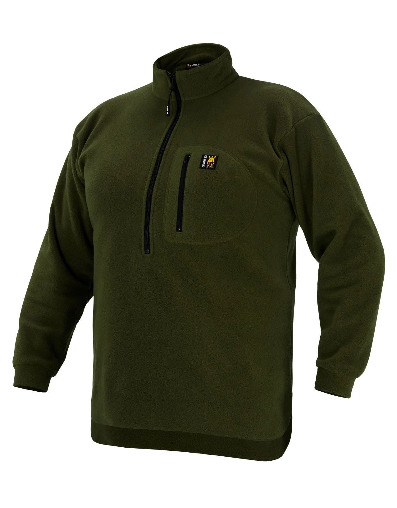 Swazi Bush Shirt, a green fleece jumper with a zipper, snug cuffs, high collar, and clean lines, made from durable 280gsm polar fleece.