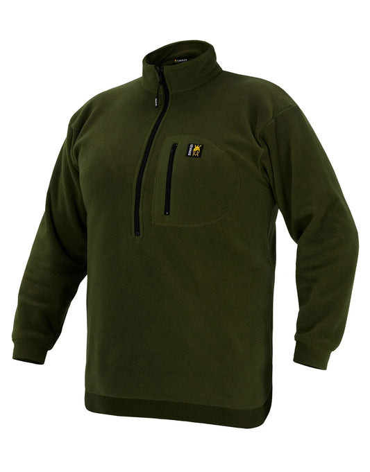Swazi Bush Shirt, a green fleece jumper with a zipper, snug cuffs, high collar, and clean lines, made from durable 280gsm polar fleece.