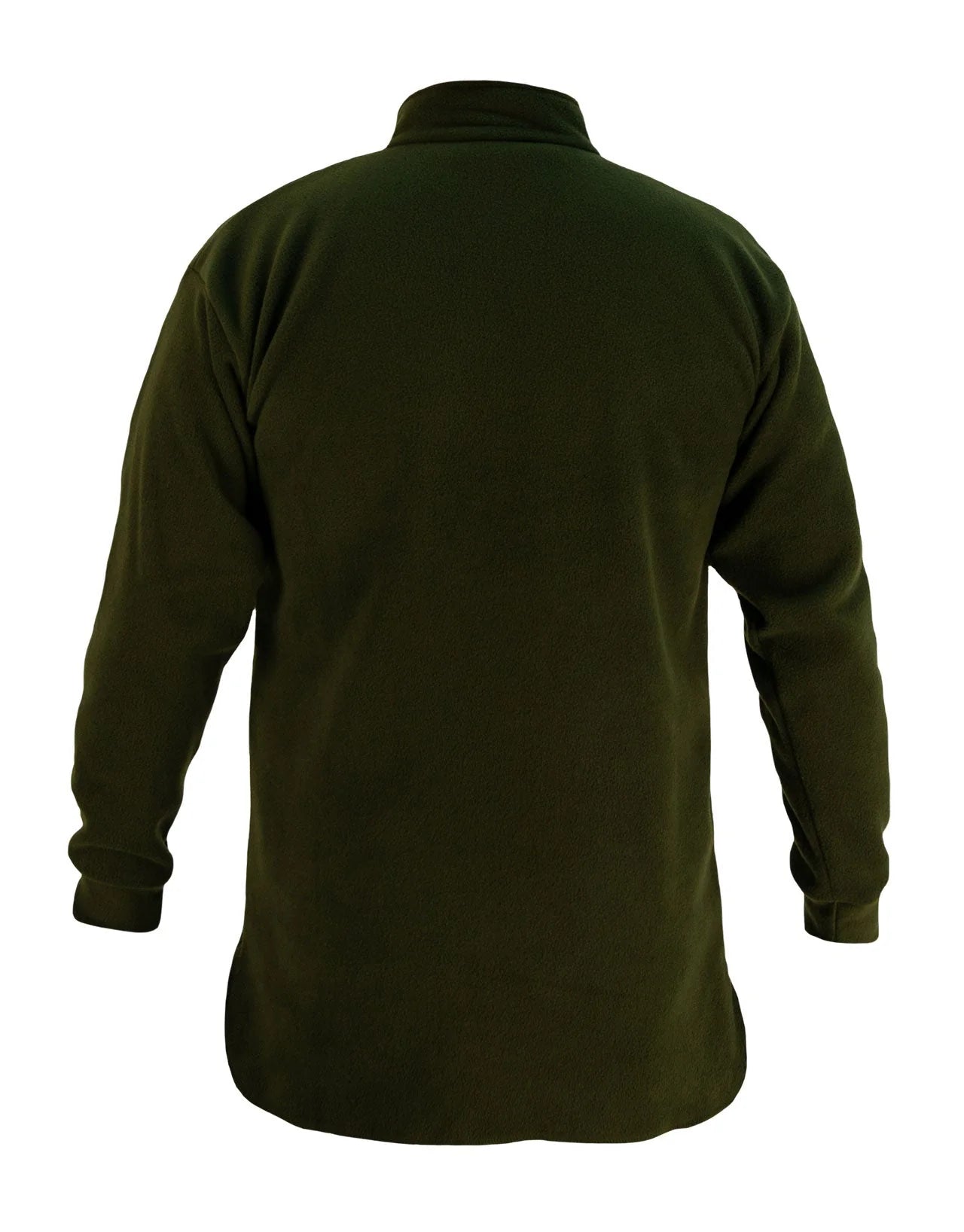Swazi Bush Shirt, back view, highlighting olive fleece, snug cuffs, high collar, and long zip for easy wearing and cooling during activities.