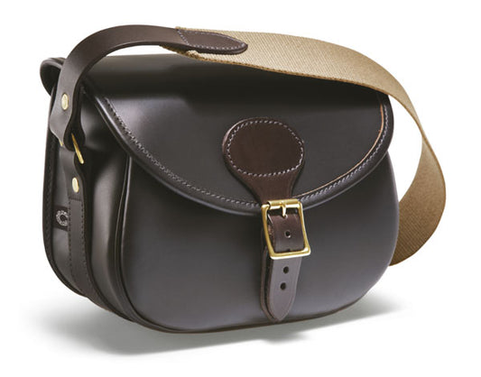 Croots Byland Leather Cartridge Bag, hand-crafted from premium leather, features a brown strap and luxurious suede lining, ideal for stylish, practical carrying.