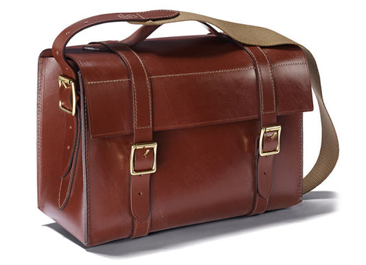 Croots Malton Bridle Leather Cartridge Magazine, a hand-made English brown leather briefcase with a shoulder strap, showcasing fine craftsmanship and durable design.