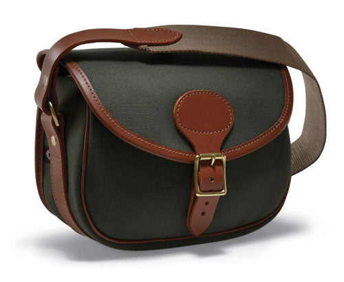 Croots Rosedale Cartridge Bag, close-up showing brown leather strap, crafted from waterproof cotton canvas, highlighting its durable, hand-crafted design.