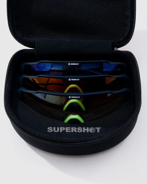 Ranger SuperShot - Black Frame & 3 Lens Magnetic Kit displayed in a case, featuring versatile lenses for shooting, including custom cleaning cloth and protective case.
