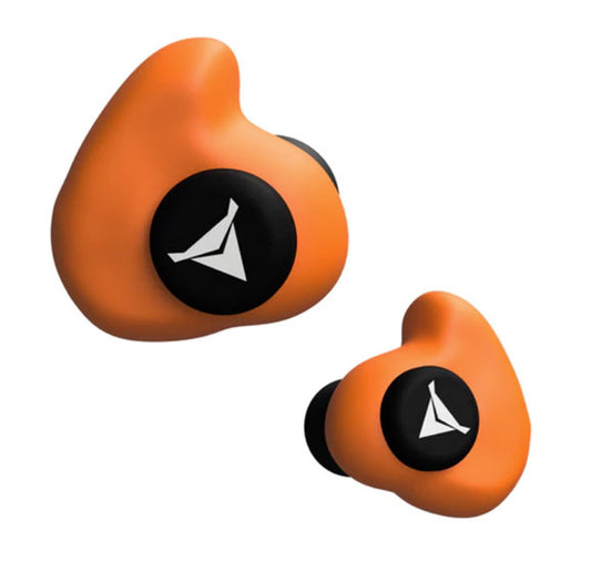 Decibullz Custom Moulded Earplugs, shown as orange earbuds, designed for a perfect fit and superior noise isolation, ensuring comfort and stability.