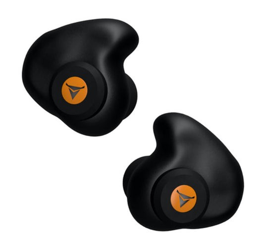 Decibullz Custom Moulded Percussive Ear Plugs, sleek design, ideal for noise blocking while maintaining ambient awareness, shown up close with visible brand logo.
