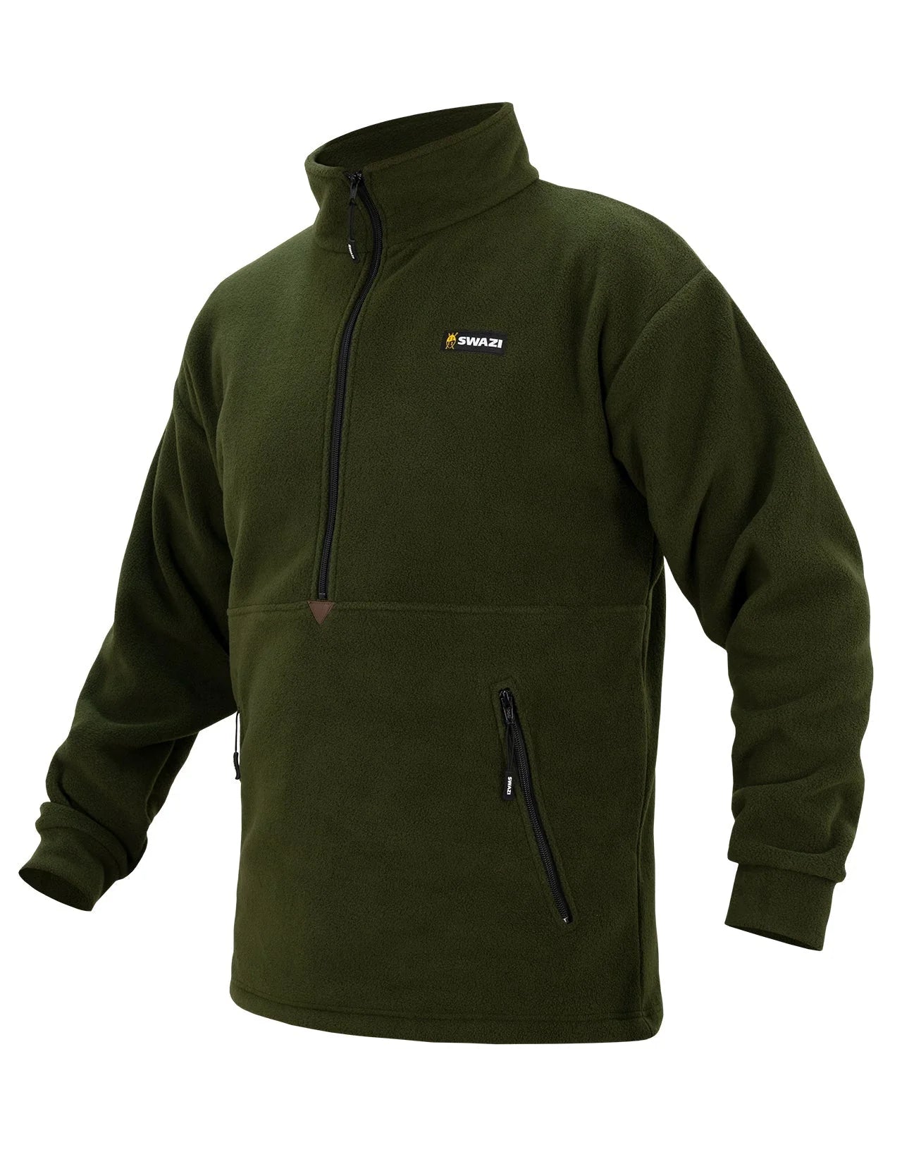 Swazi Doughroaster Fleece Jumper in olive, featuring a long chest zip, high collar, and large zippered kangaroo pocket for functionality and comfort.