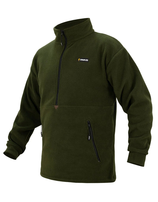Swazi Doughroaster Fleece Jumper in olive, featuring a long chest zip, high collar, and large zippered kangaroo pocket for functionality and comfort.