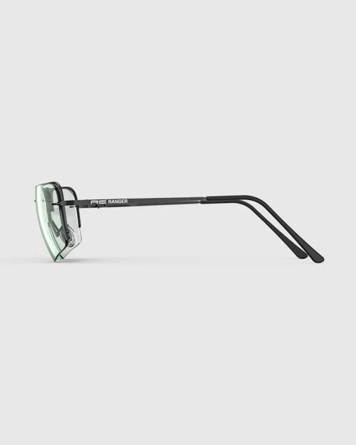 Ranger Edge Frame | Matte Black sunglasses featuring clear lenses, adjustable nose bridge, and angular design to prevent fogging, ideal for precision in shooting sports.