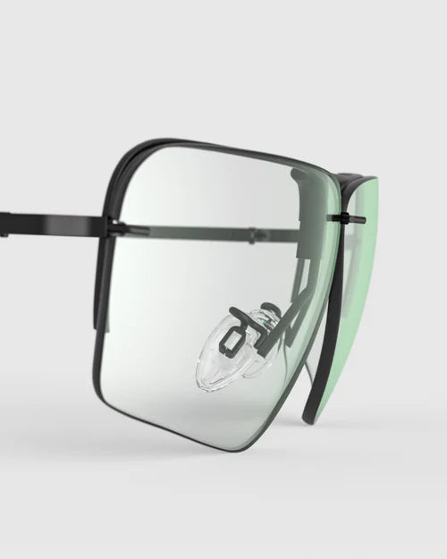 Ranger Edge Lens sunglasses featuring a sleek design, part of the RIACT A.I & Claysight collection, showcasing a close-up of the frame and lenses.