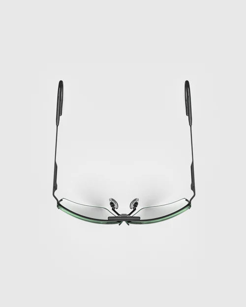 Ranger Edge Frame | Matte Black sunglasses with sleek black design, green angular lenses, adjustable nose bridge, and arms for a custom fit.