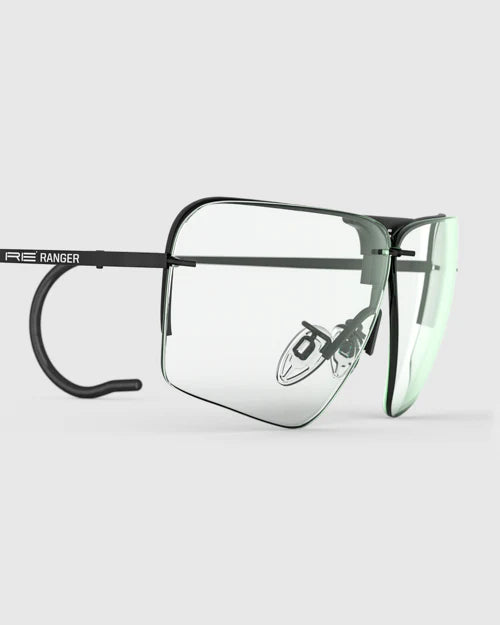 Ranger Edge Frame | Matte Black: Sleek safety glasses with clear lenses, adjustable nose bridge, angular design to prevent fogging, includes cleaning cloth and nylon carrying case.