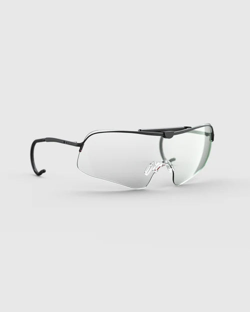 Ranger Falcon Pro Frame | Black safety glasses with sporty lens shape, soft silicone nose pads, and a durable CombatCoat™ finish, shown up close.