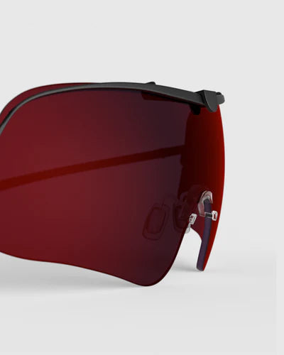 Close-up of Ranger Falcon Lens sunglasses featuring sleek design, part of RIACT A.I & Claysight collection, showcasing precision eyewear craftsmanship.