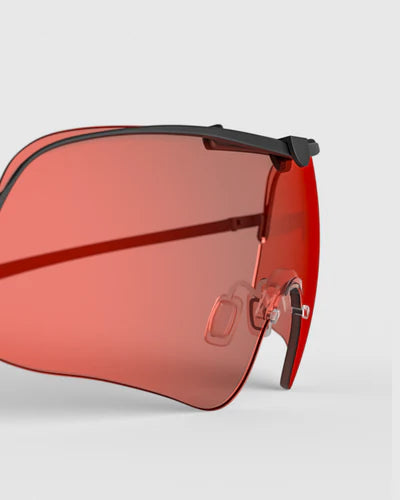 Close-up of Ranger Falcon Lens sunglasses, showcasing detail and precision of the RIACT A.I & Claysight design, highlighting the eyewear's sleek and modern accessory appeal.