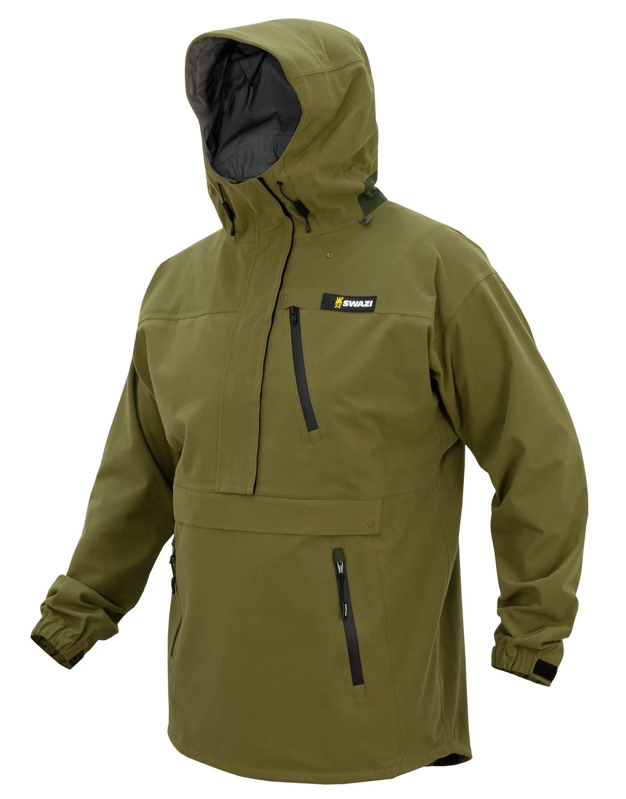 Swazi Kagoule Anorak | Quiet Waterproof Hunting Jacket features a hood, water-resistant YKK zips, large pockets, and adjustable Velcro cuffs for practical outdoor use.