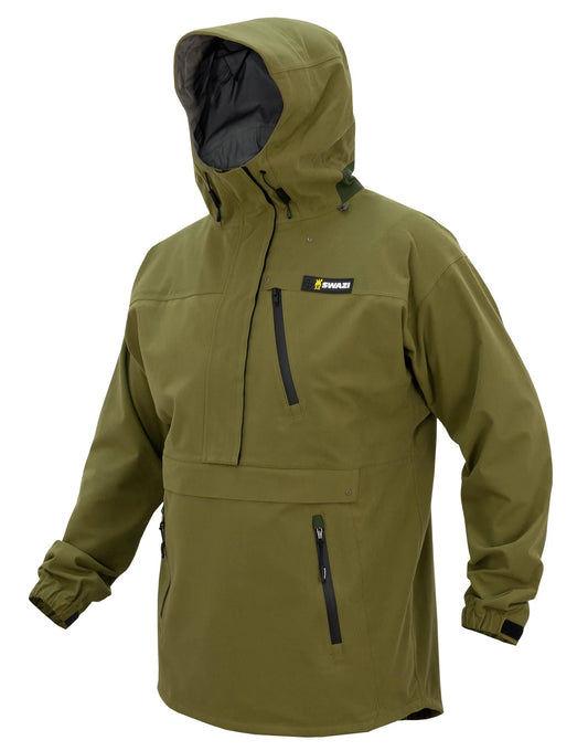 Swazi Kagoule Anorak | Quiet Waterproof Hunting Jacket features a hood, water-resistant YKK zips, large pockets, and adjustable Velcro cuffs for practical outdoor use.