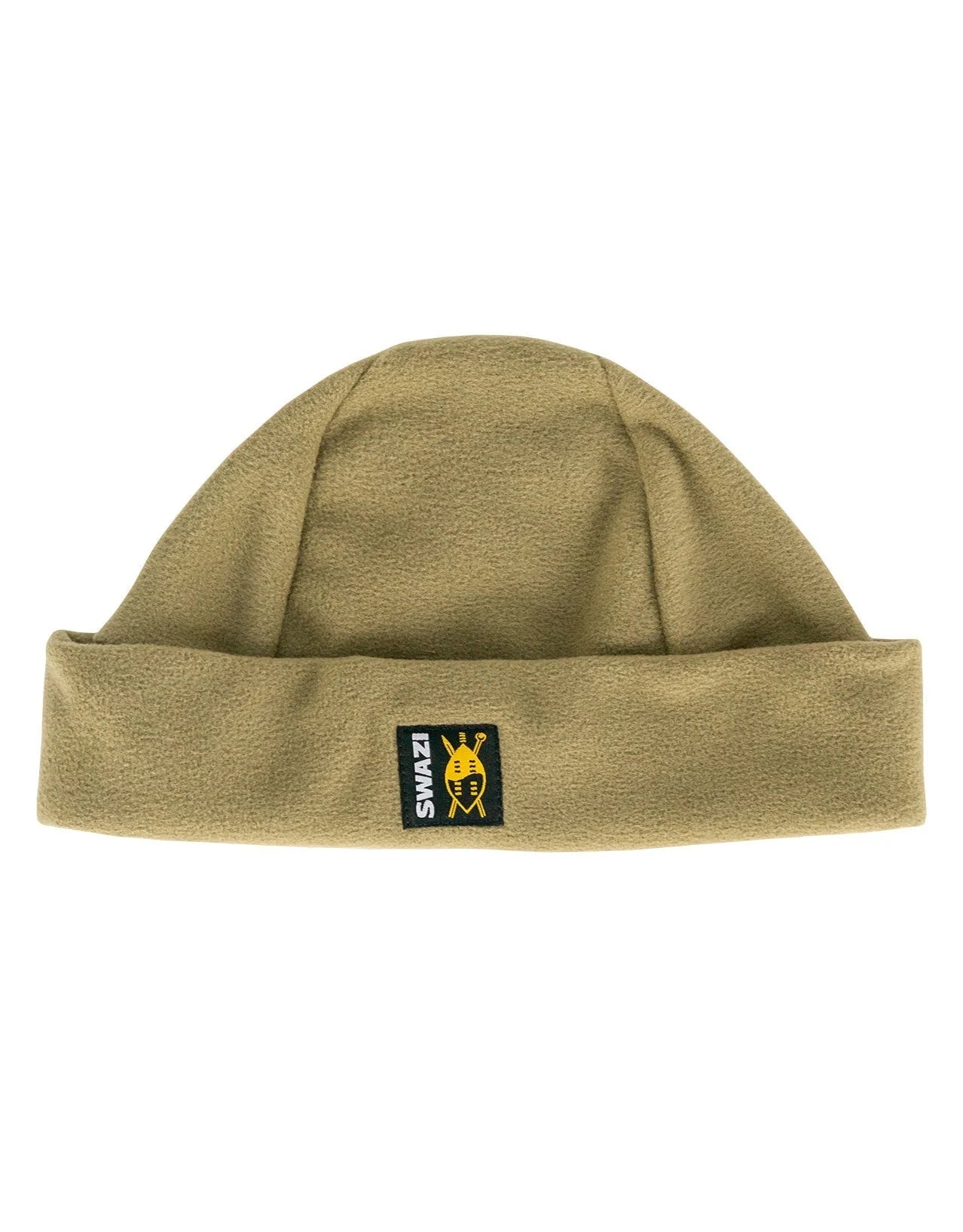 Swazi Hasbeanie | Classic Warm Fleece Beanie featuring a brown design with a black and yellow bee patch logo, perfect for cold weather warmth.