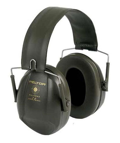 3M Peltor Bullseye Ear Defenders featuring a slimline design, shown in a close-up view highlighting the ear pad and audio equipment details.