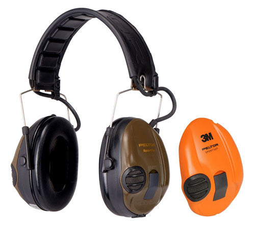 3M Peltor SportTac Ear Defenders designed for shooters, featuring a slim profile to prevent interference with gun stocks, shown as a pair of earmuffs.
