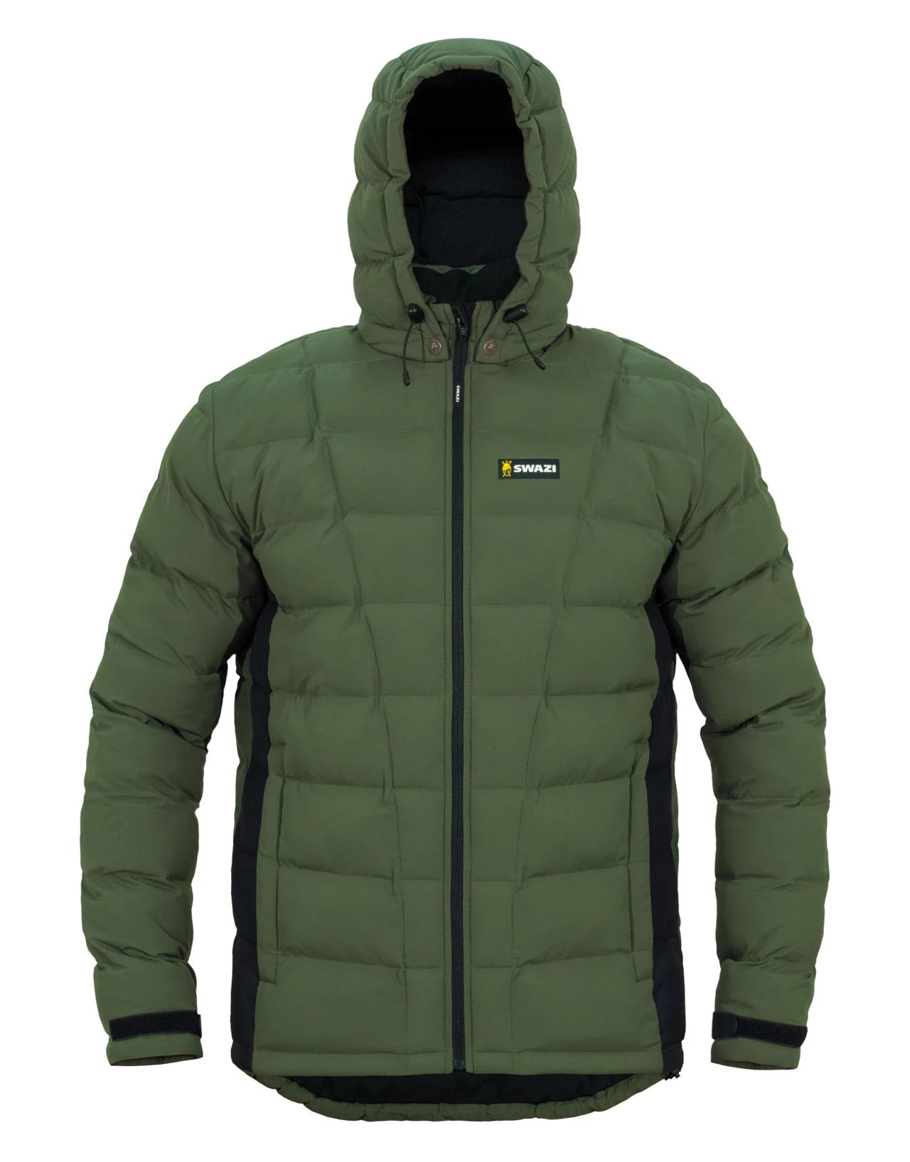 Swazi Puffadder Men's Puffer Jacket with detachable hood, black zipper, and adjustable hem. Features hand-warmer pockets with storm flaps and Velcro cuff tape.