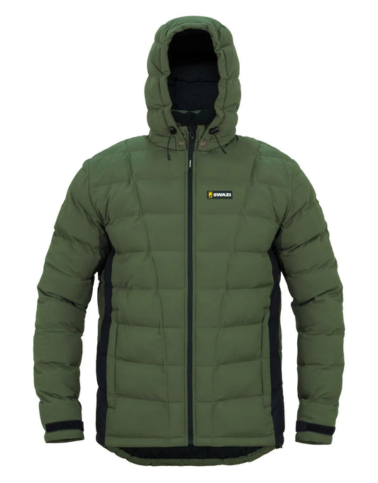 Swazi Puffadder Men's Puffer Jacket with detachable hood, black zipper, and adjustable hem. Features hand-warmer pockets with storm flaps and Velcro cuff tape.