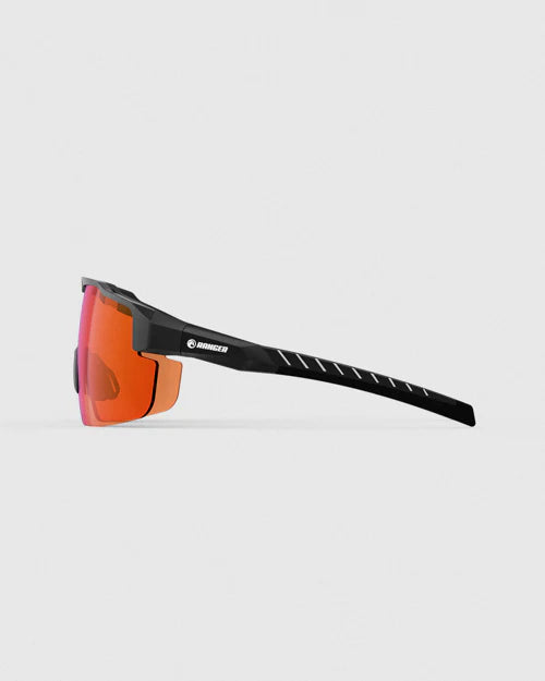 Ranger SuperShot - Black Frame & 3 Lens Magnetic Kit featuring black sunglasses with orange lenses, ideal for enhancing contrast and clarity in various shooting conditions.