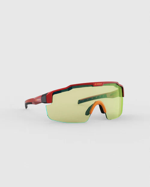 Ranger SuperShot - Crimson Frame & 3 Lens Magnetic Kit featuring red and yellow safety glasses with interchangeable lenses for diverse shooting conditions.