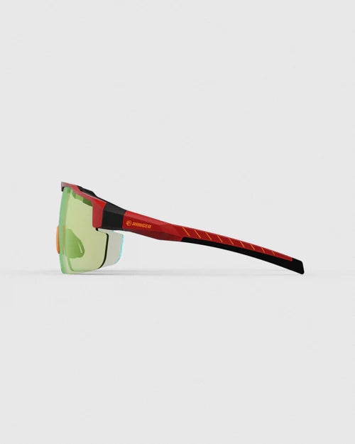 Ranger SuperShot - Crimson Frame & 3 Lens Magnetic Kit featuring red and black sunglasses with yellow lenses, designed for optimal clarity in various shooting conditions.
