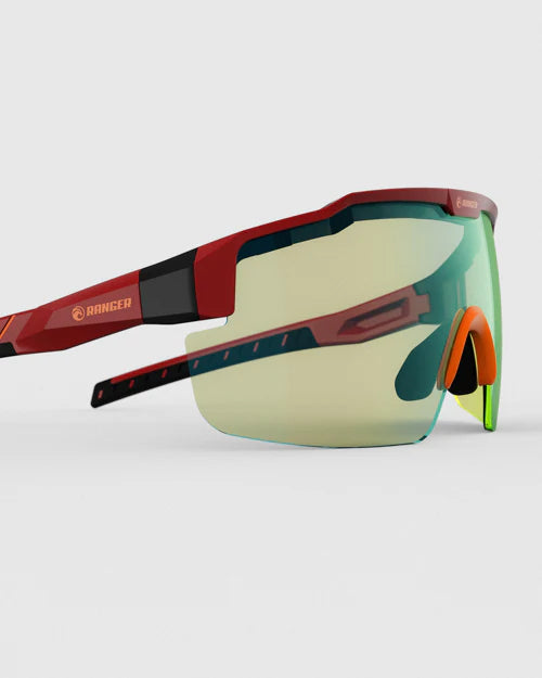 Ranger SuperShot - Crimson Frame & 3 Lens Magnetic Kit: Red and black interchangeable safety eyewear with clear lenses, designed for clay shooting, featuring versatile magnetic lens options.