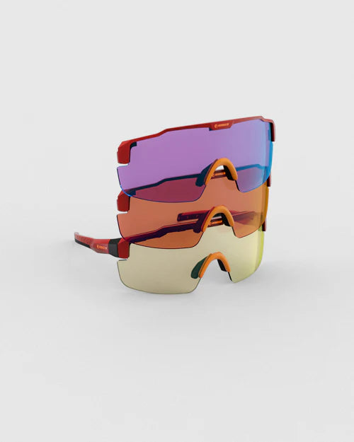 Ranger SuperShot - Crimson Frame & 3 Lens Magnetic Kit featuring versatile lenses for optimal clarity: HD Medium Gold, Dark Purple Frost, Max Light Flash.