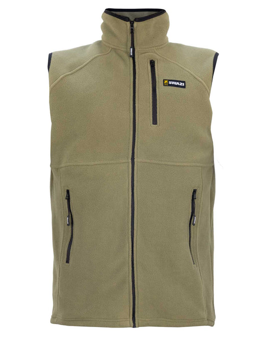 Swazi Sherpa Vest, a green fleece gilet with YKK® zippered pockets and a versatile collar, designed for warmth and practicality.