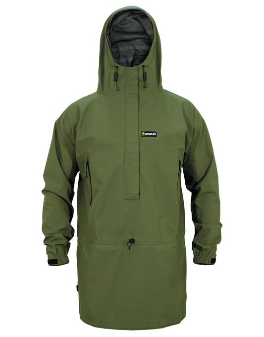 Swazi Tahr Ultralite Jacket, a lightweight, waterproof hunting jacket with a hood, zippers, and adjustable features for enhanced protection and comfort.