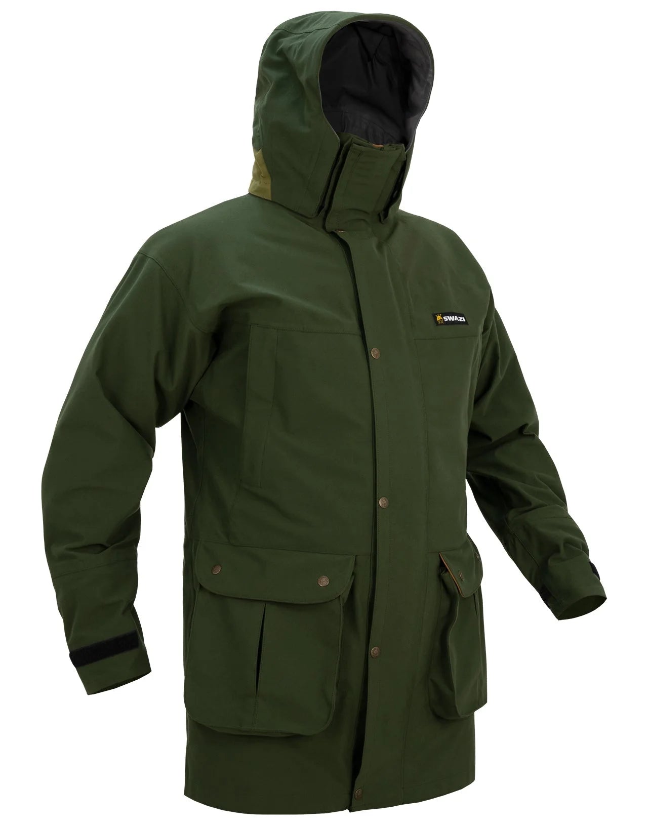Swazi Wapiti XP Men's Hunting Jacket with hood, featuring water-resistant YKK zip, adjustable peak, hand-warmer pockets, and side vents, ideal for rugged outdoor conditions.
