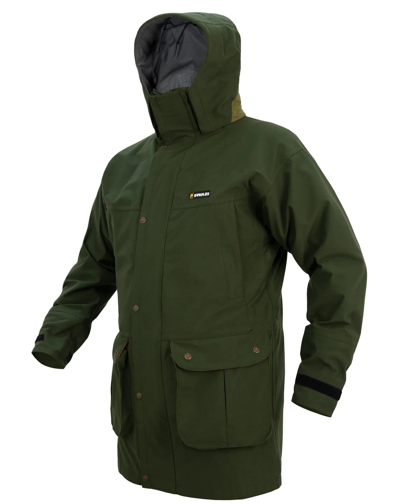 Swazi Wapiti XP Men's Hunting Jacket, featuring a zip-off hood, water-resistant zippers, and multiple pockets, designed for waterproof and breathable outdoor performance.