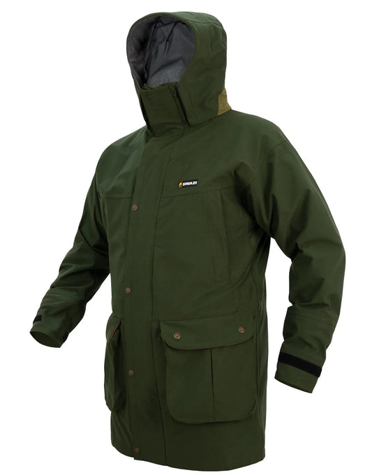 Swazi Wapiti XP Men's Hunting Jacket, featuring a zip-off hood, water-resistant zippers, and multiple pockets, designed for waterproof and breathable outdoor performance.